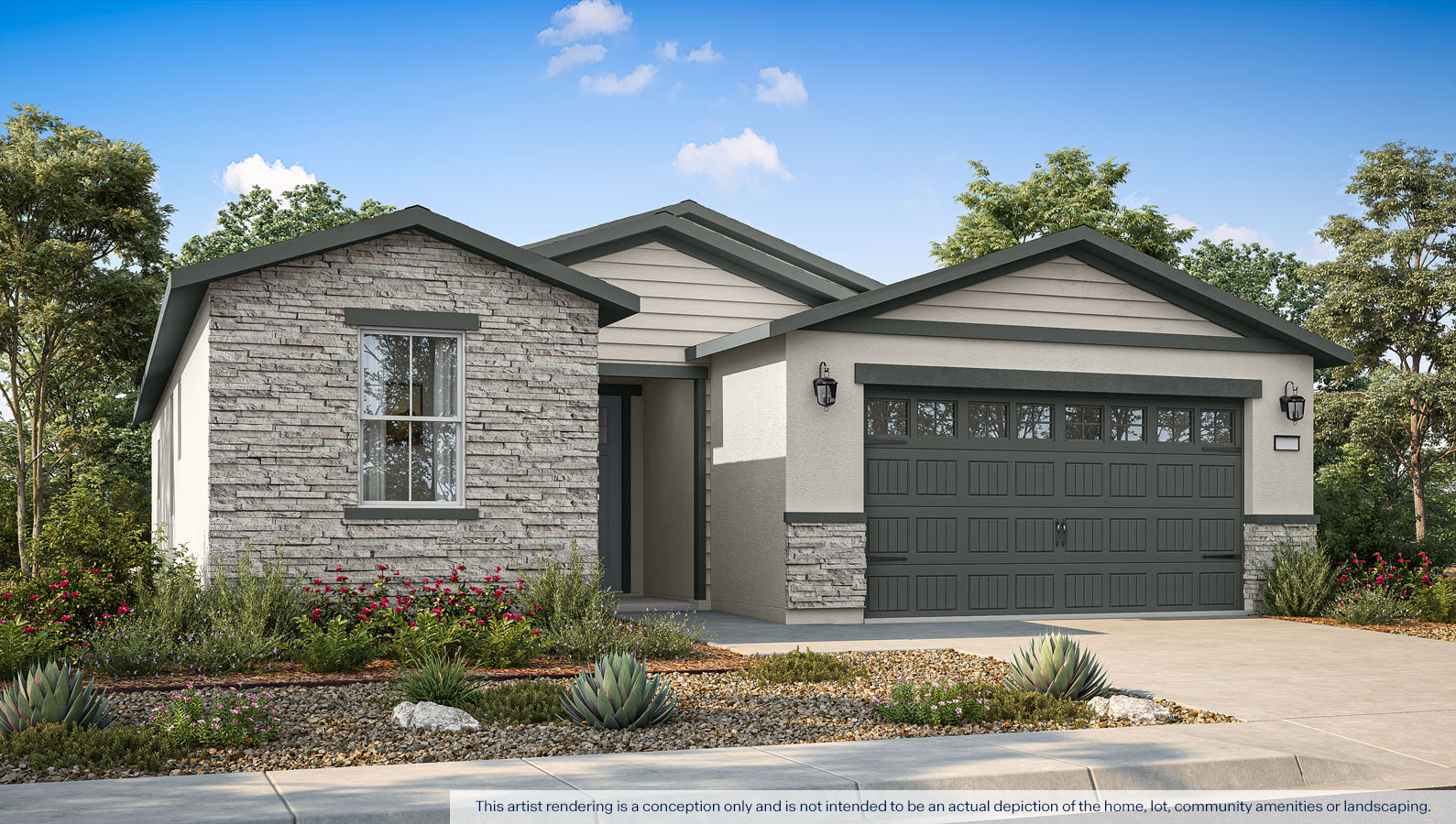 Exterior rendering of a one story Cottage style home.