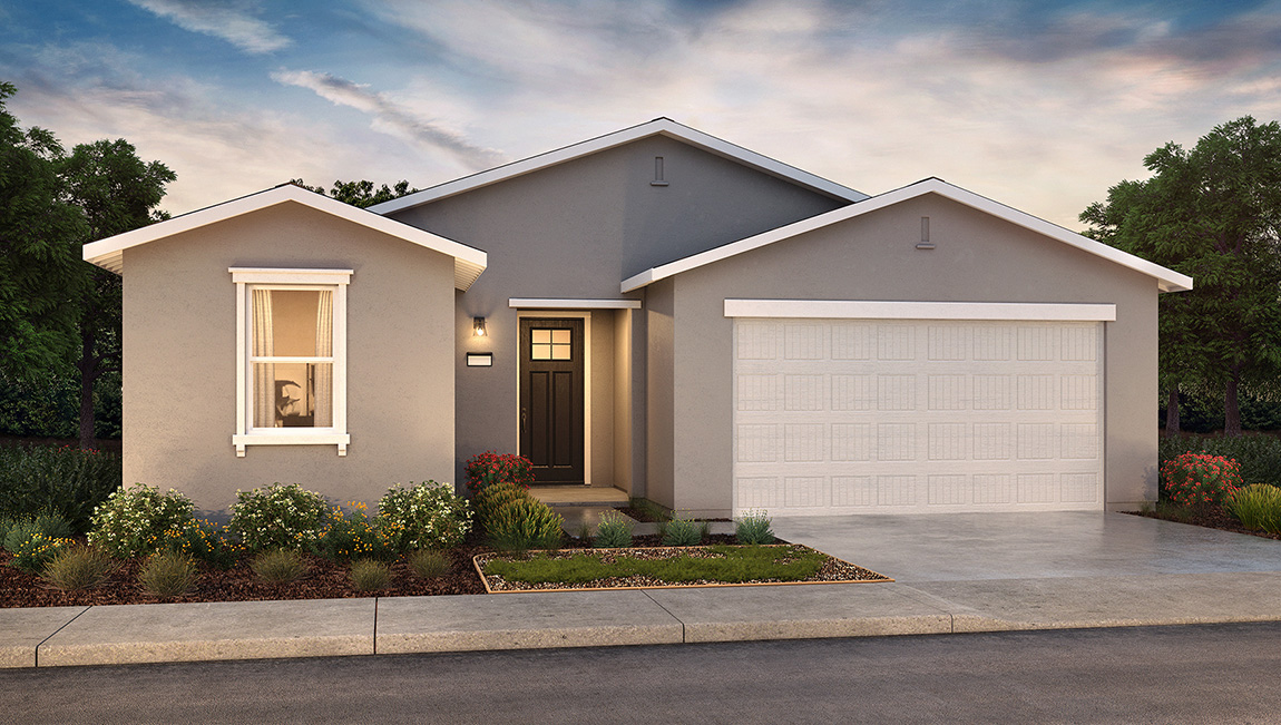 Exterior rendering of an Americana style one story home with a two car garage.