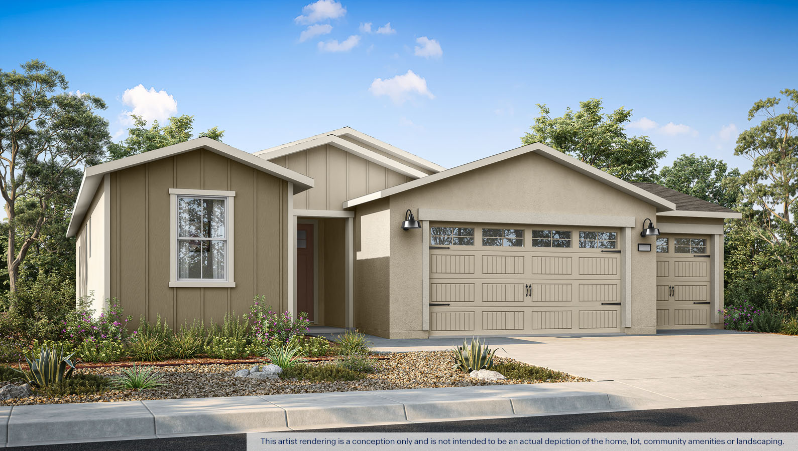 exterior rendering of the 3-car modern farmhouse lark plan