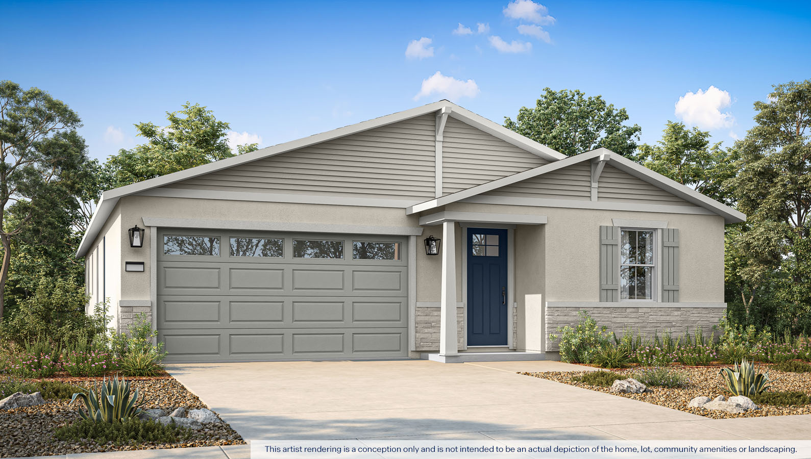 Exterior rendering of a one story Craftsman style home.