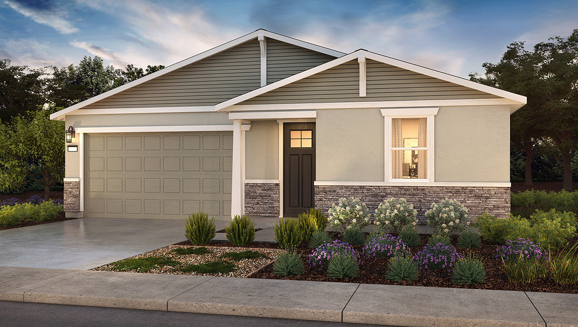 Exterior rendering of one story Craftsman style home with a two car garage.