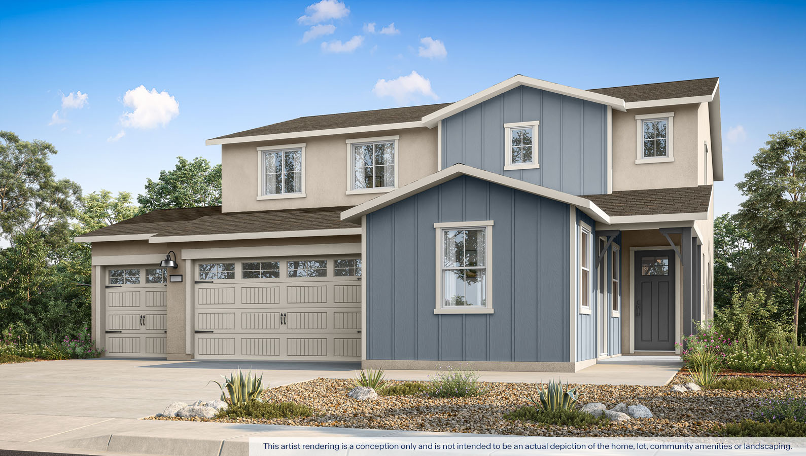 Exterior rendering of a two story Farmhouse style home.