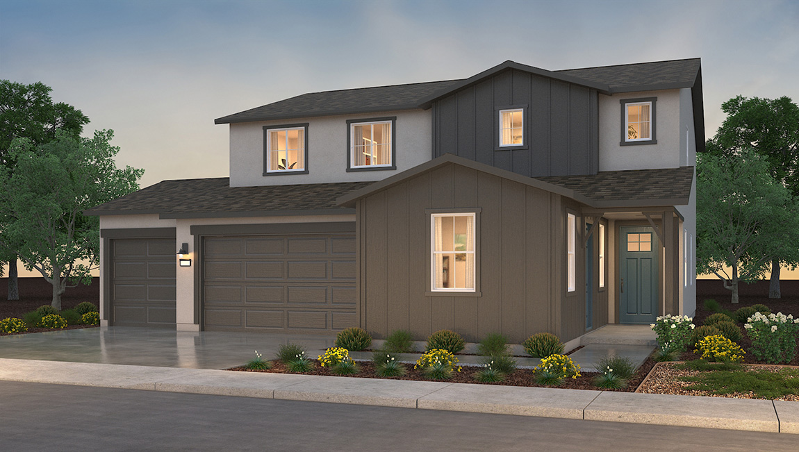 Exterior rendering of two -story Farmhouse style home with a three-car garage.