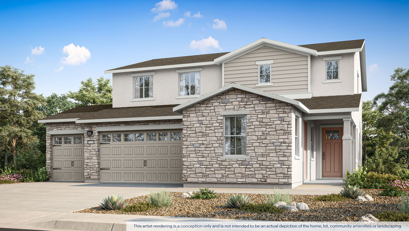 exterior rendering of the 3-car cottage sparrow plan