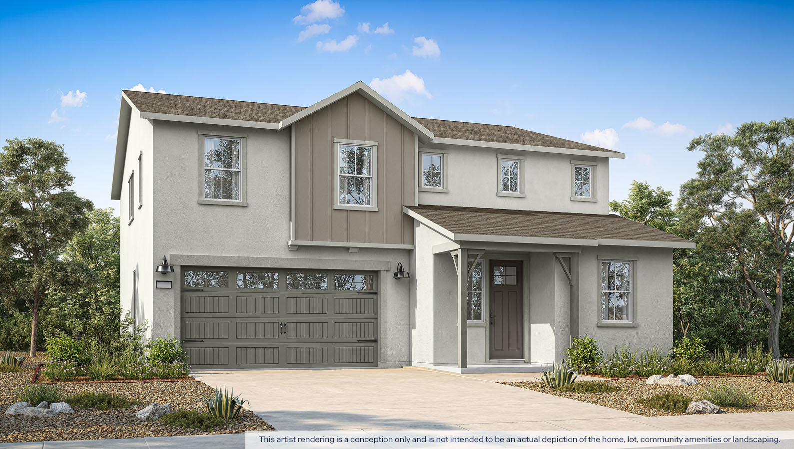 Exterior rendering of a two story Farmhouse style home.