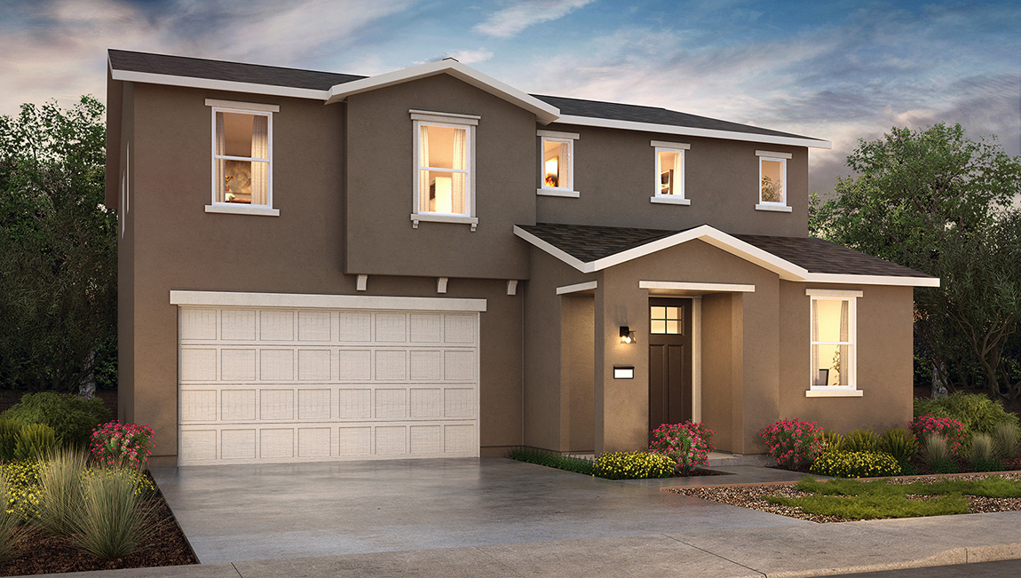 Exterior rendering of two-story Americana style home with a two-car garage.