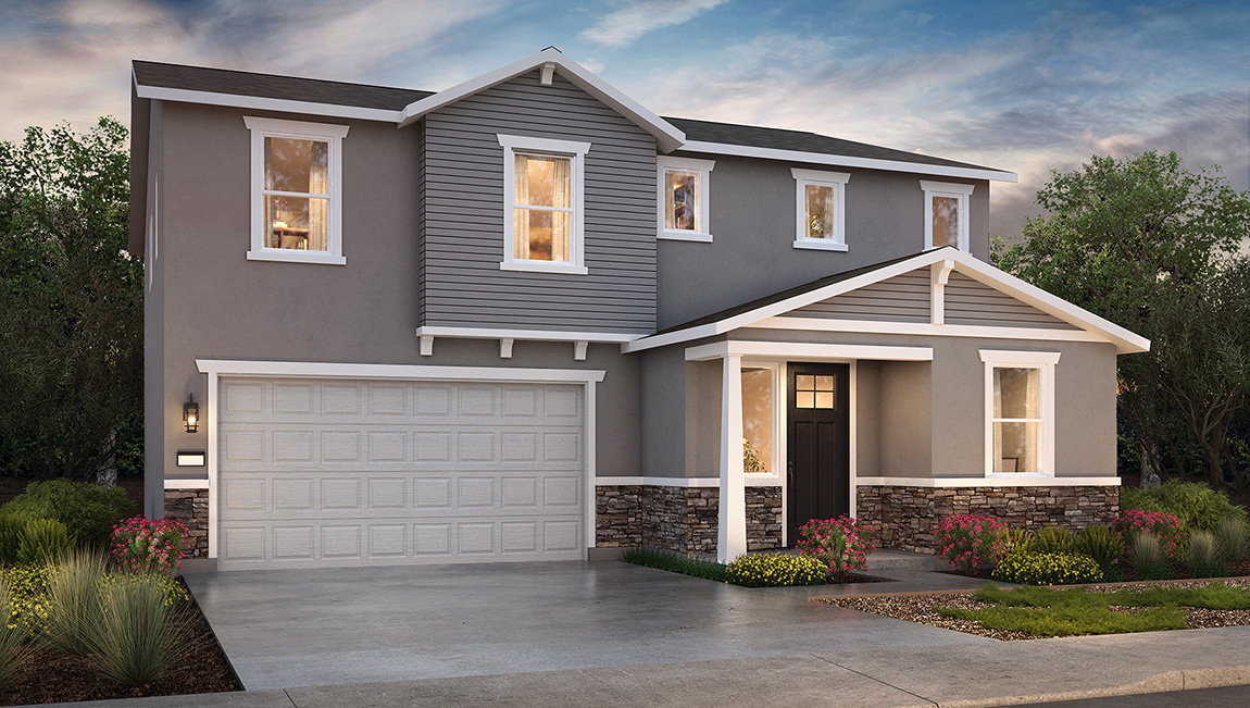 Exterior rendering of two -story Craftsman style home with a two-car garage.