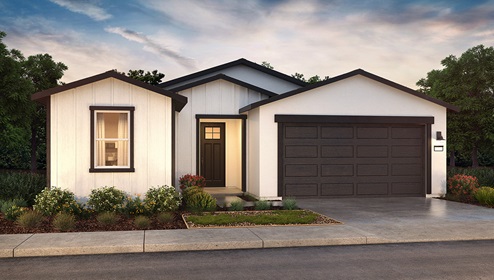 exterior rendering of a farmhouse style single story home with 2 car garage