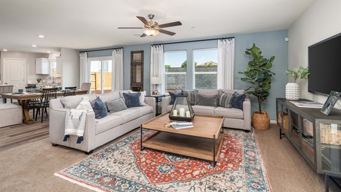 Interior photo of open concept living room with couch, coffee table and rug