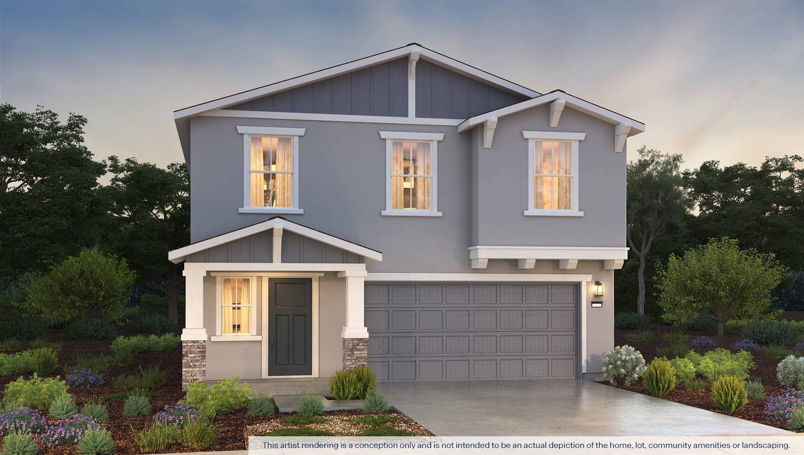 Exterior rendering of a two story Farmhouse style home.