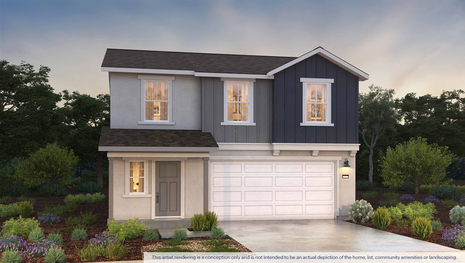 Exterior rendering of a two story Farmhouse style home.