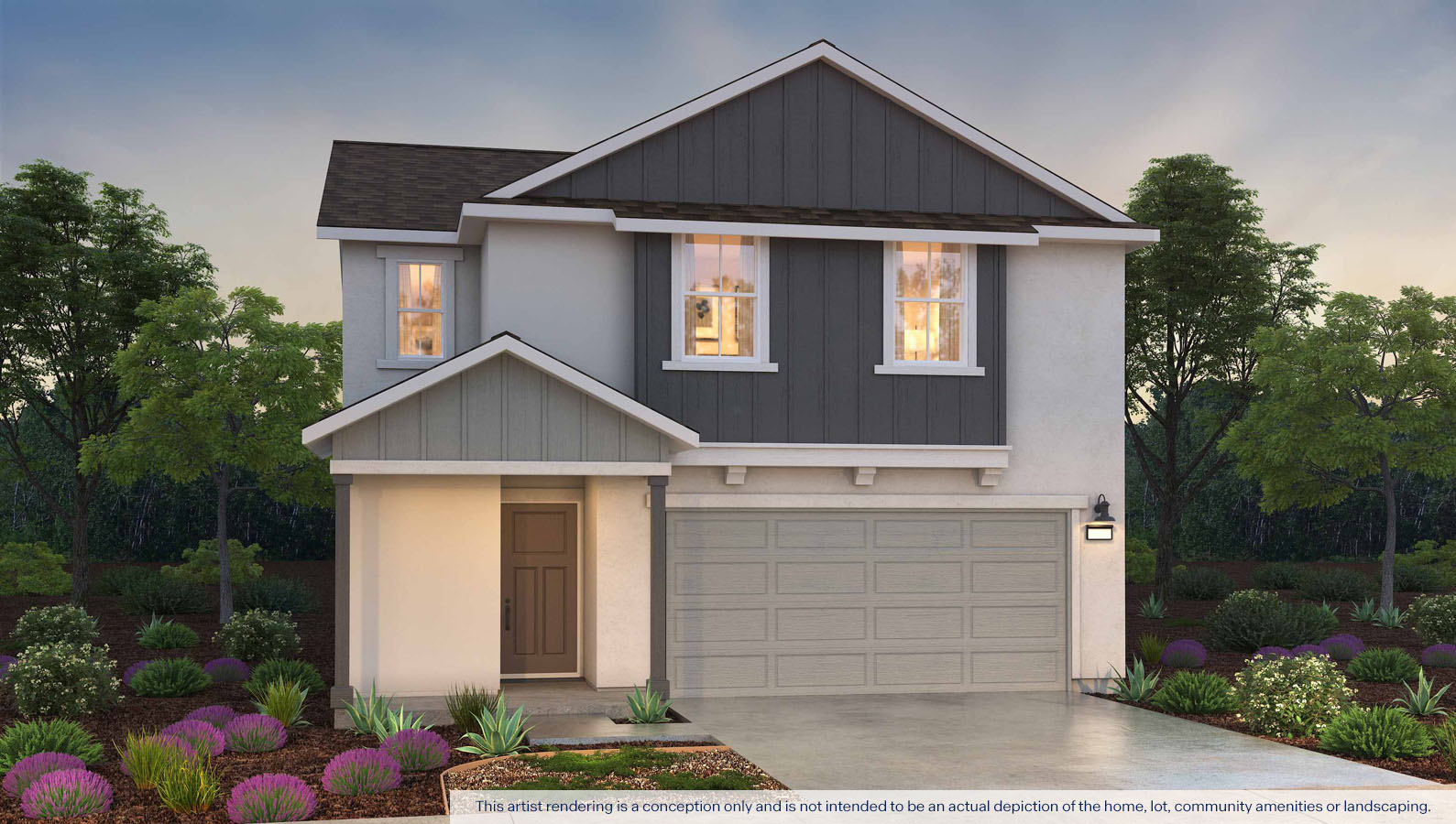 Exterior rendering of a two story Farmhouse style home.