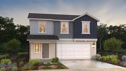 farmhouse style exterior rendering of a two story home with 2 car garage