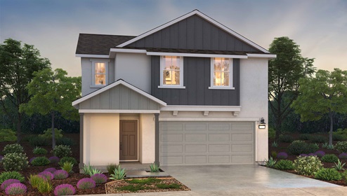 farmhouse style exterior rendering of a two story home with 2 car garage