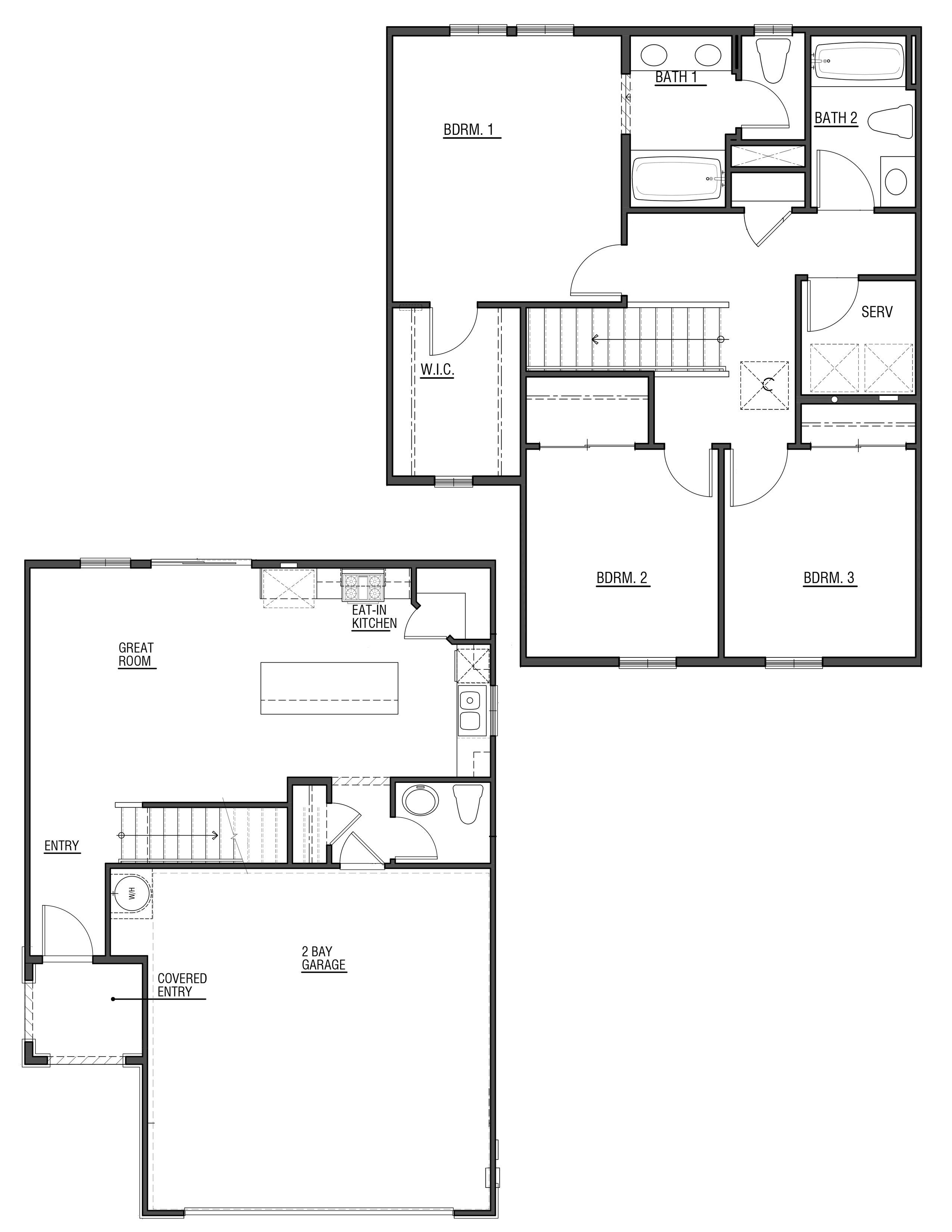 Line drawing of two story 1,380 square foot floorplan