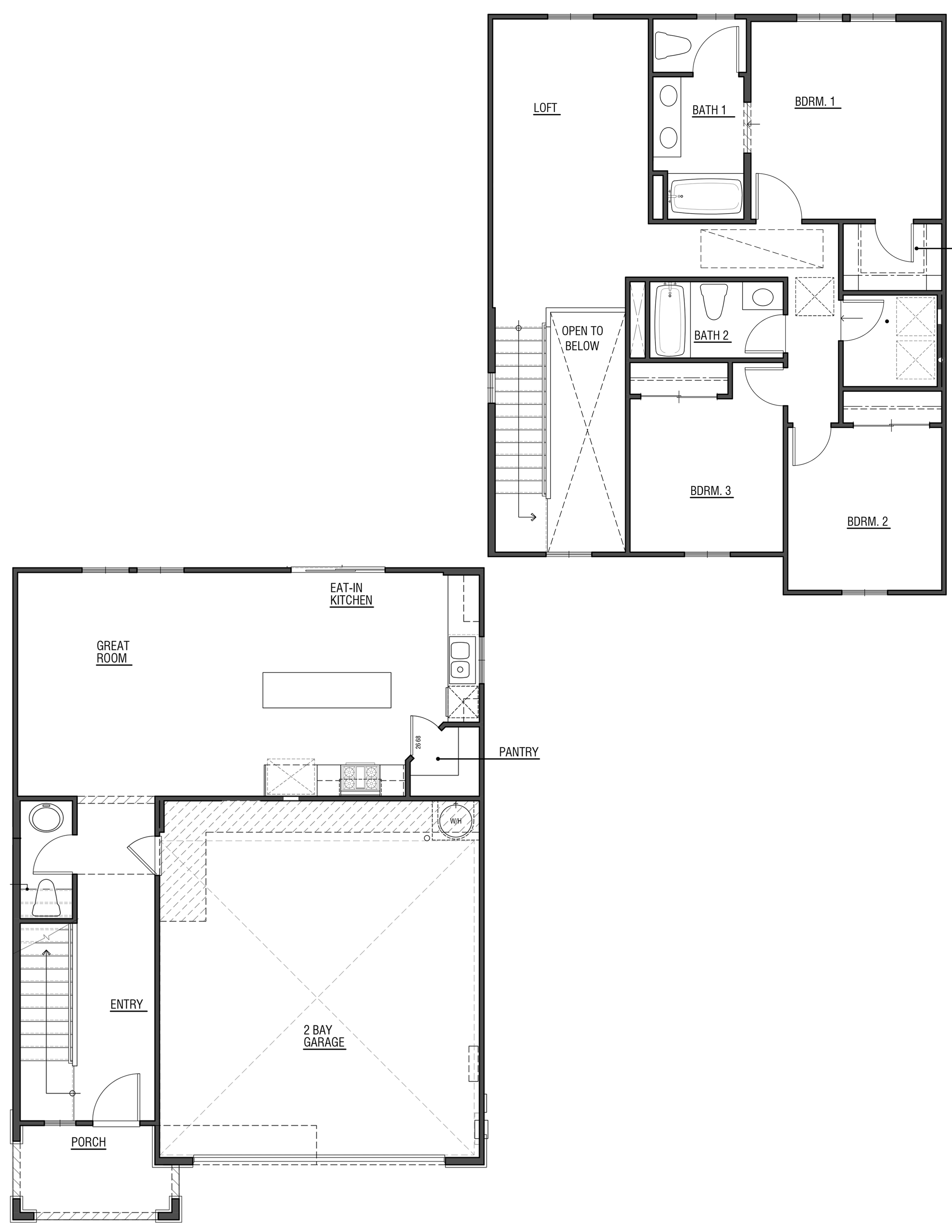 Line drawing of a 1,590 square foot floorplan
