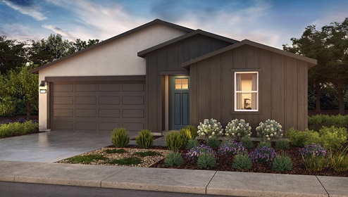 Exterior rendering of a single story farmhouse style home with two car garage