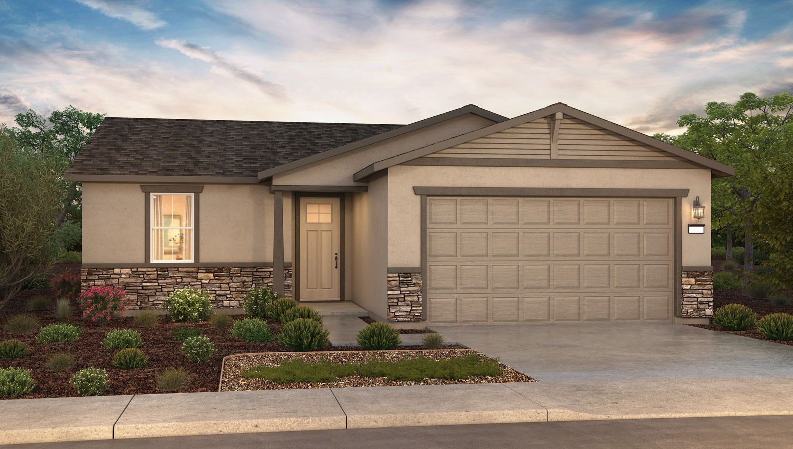 Exterior rendering of one story Craftsman style home