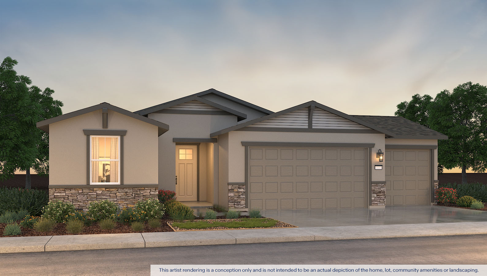 Exterior rendering of one story Craftsman style home