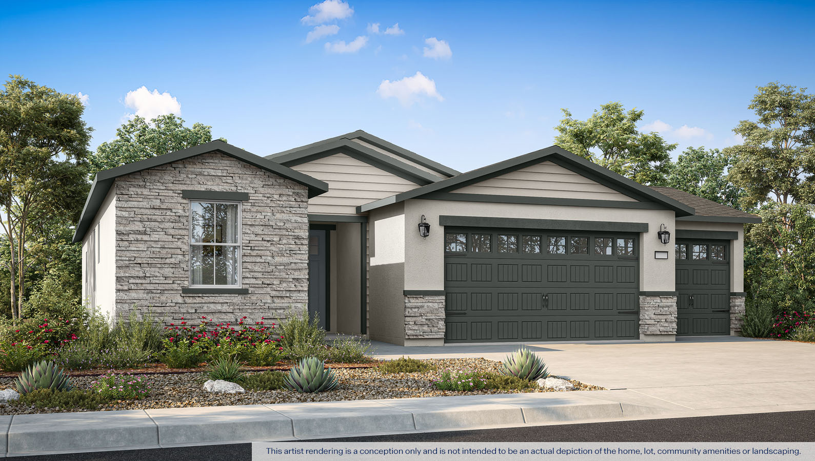 Exterior rendering of a one story Cottage style home.