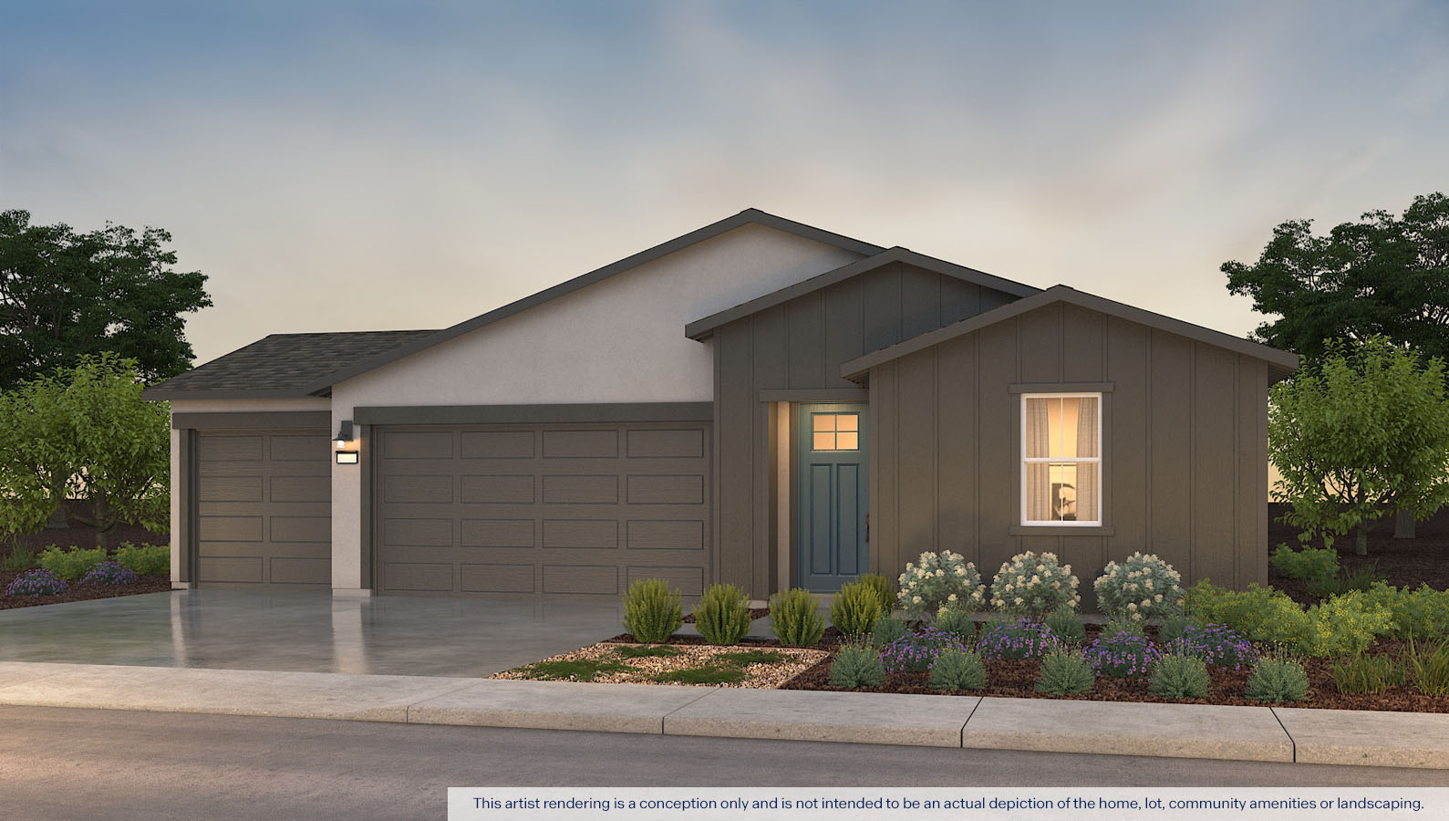 Exterior rendering of one story farmhouse style home