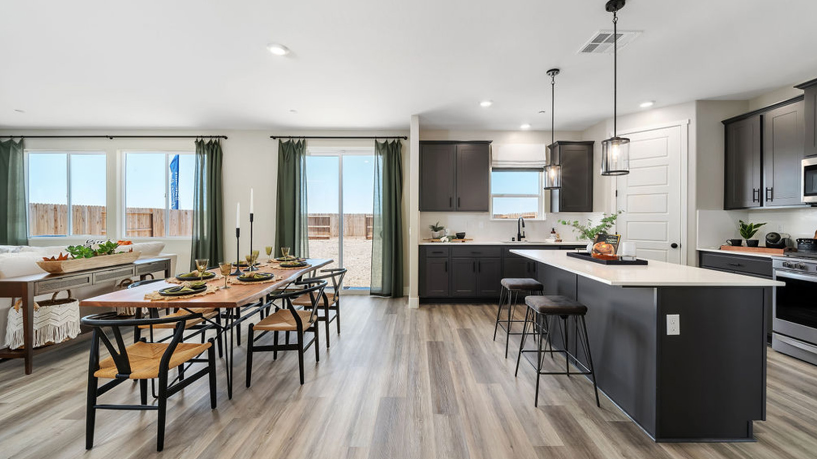 open concept living and dining room