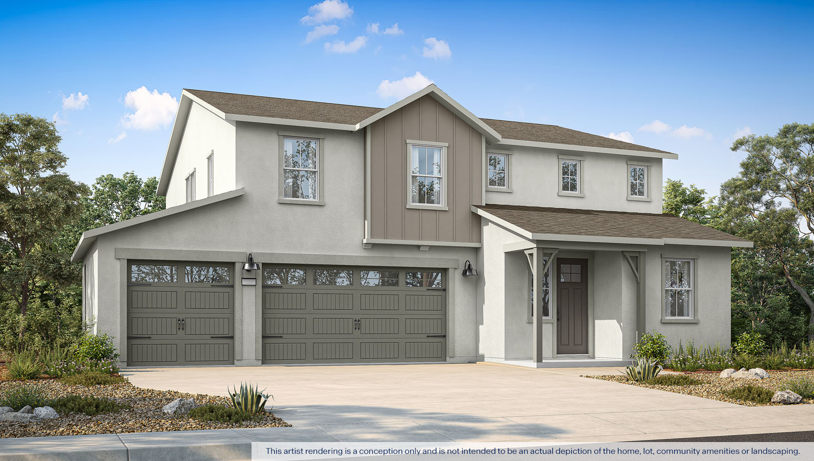 Exterior rendering of a two story Farmhouse style home.