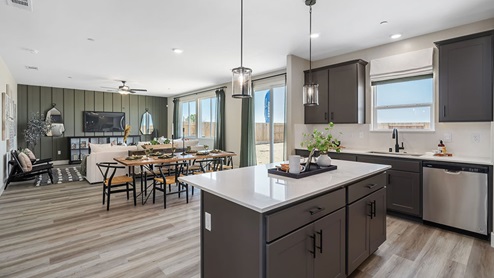 Photo of open concept kitchen and dining room with large island and gray cabinets