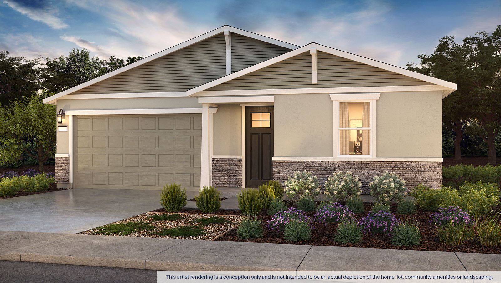 Exterior rendering of one story Craftsman style home