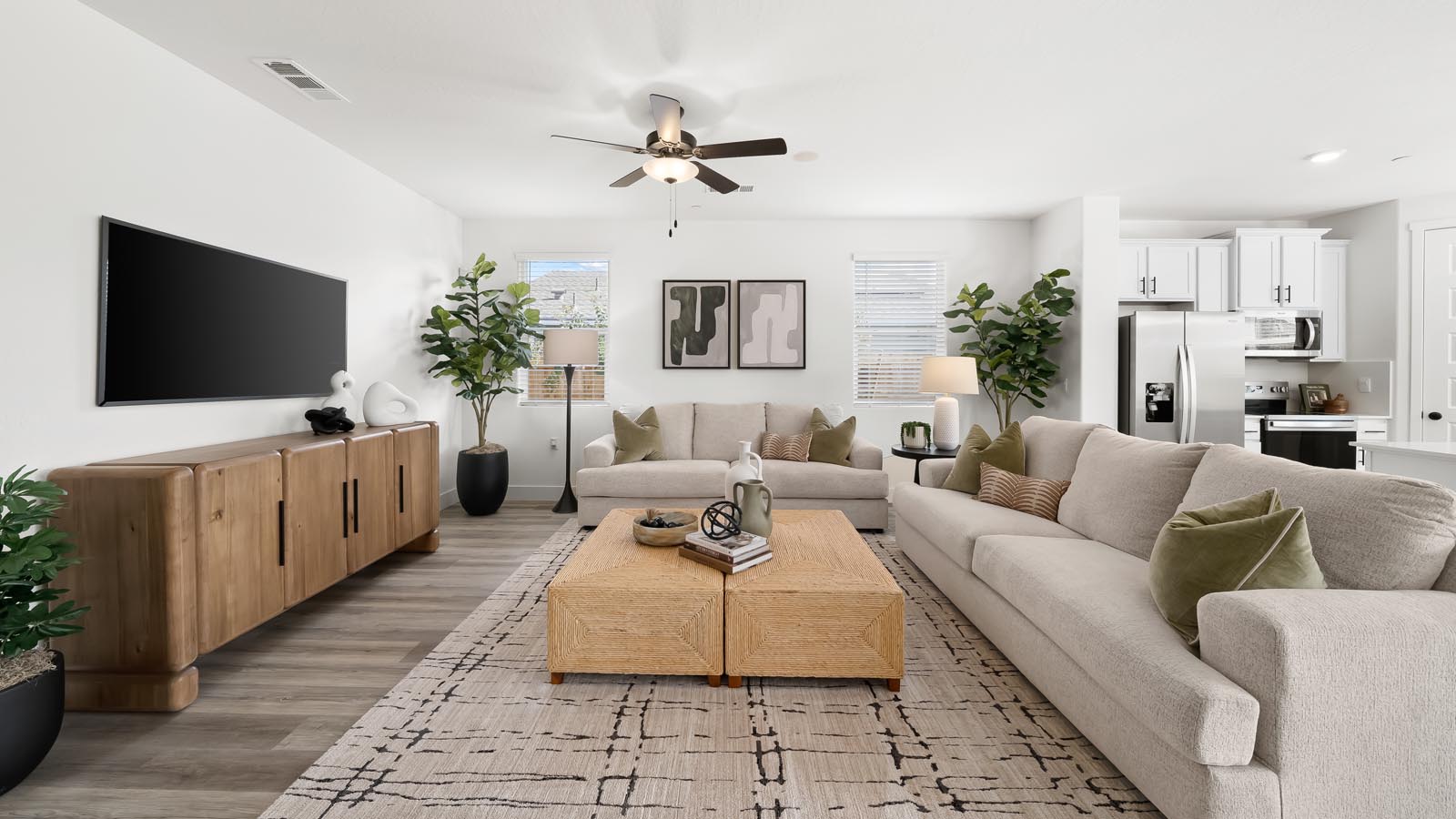 Interior photo of open concept living room