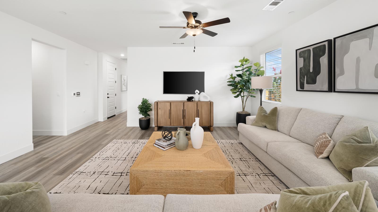 Interior photo of open concept living room