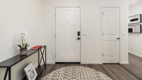 Image of the entry way of the home with a rug and entry table with decor