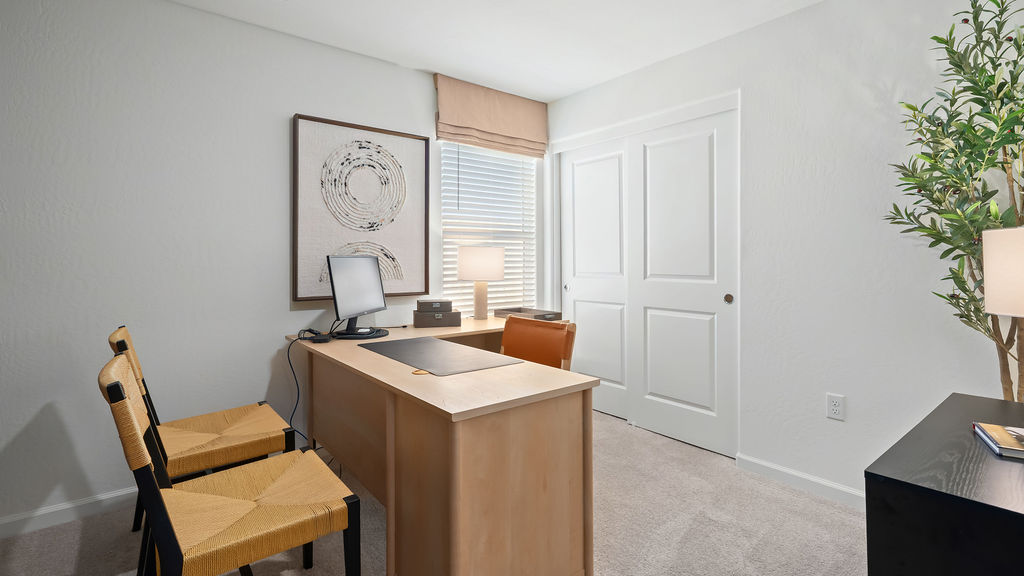 Home office with wood furniture.