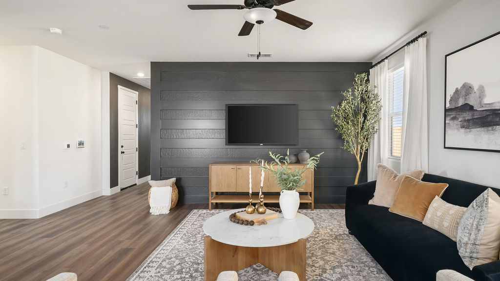 Living room with blue accent wall.