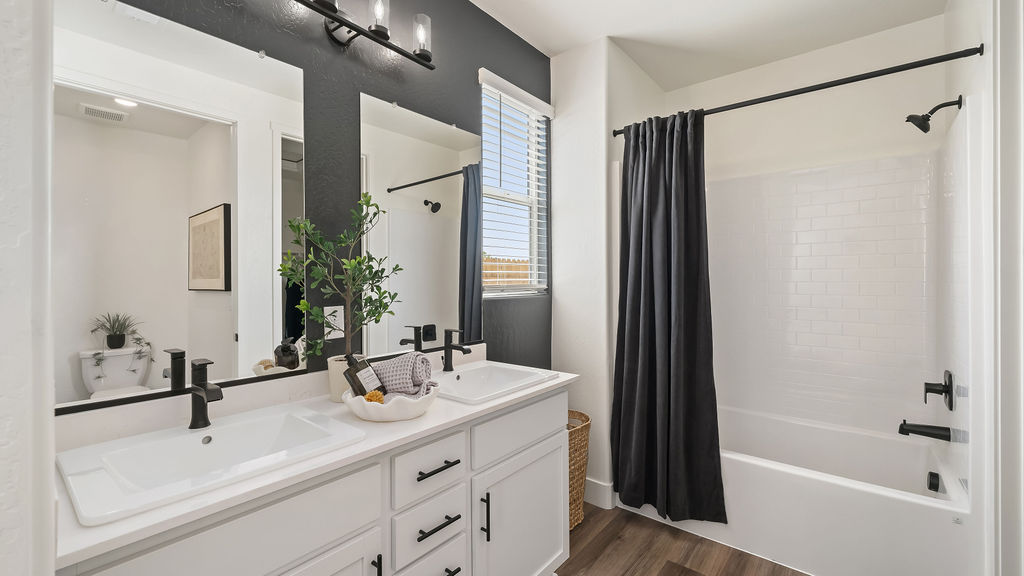 Primary bathroom with blue accents.