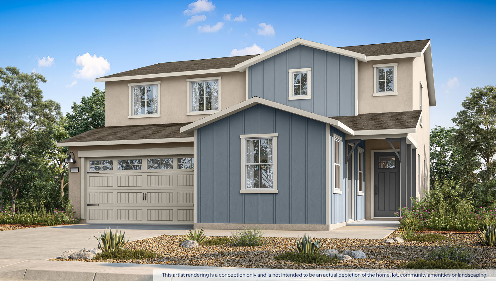 Exterior rendering of a two story Farmhouse style home.