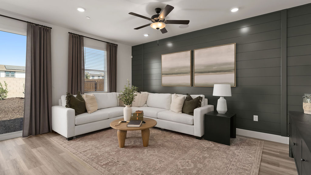 Living room with grey sectional.