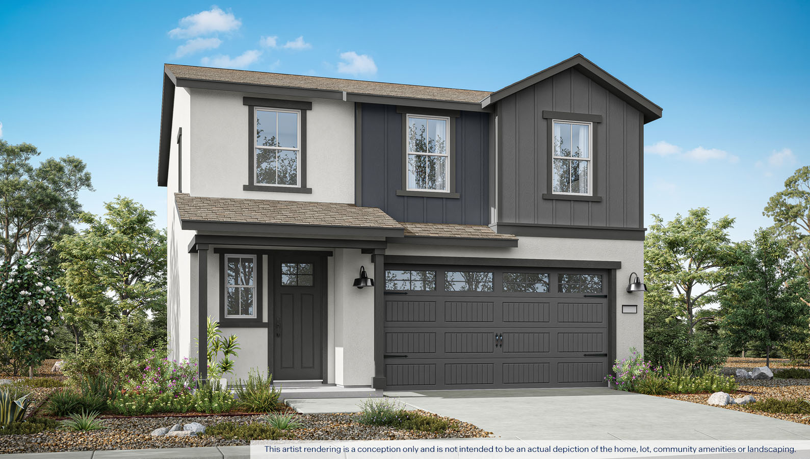Exterior rendering of a two story Farmhouse style home.