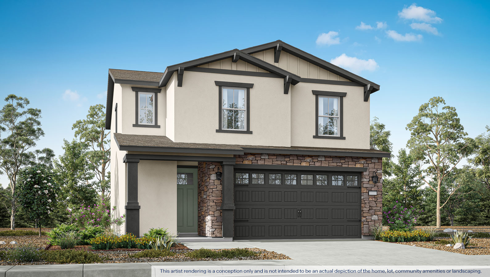 exterior rendering of the 2-story cottage style Stratford plan