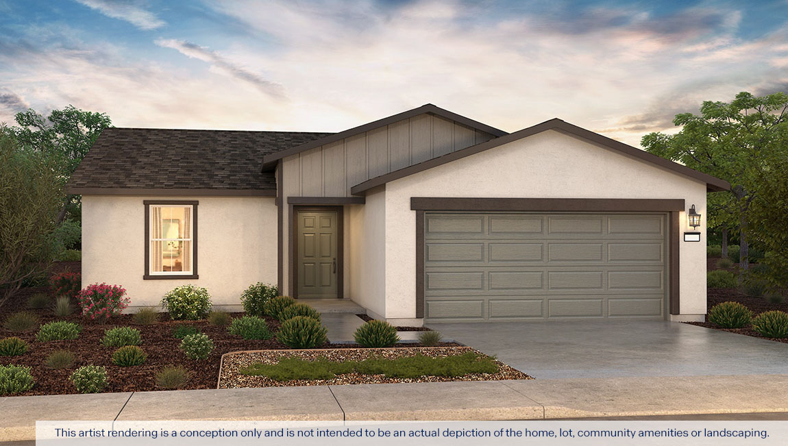 Exterior rendering of a one story Farmhouse style home.