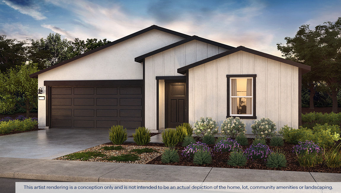 Exterior rendering of a one story Farmhouse style home.