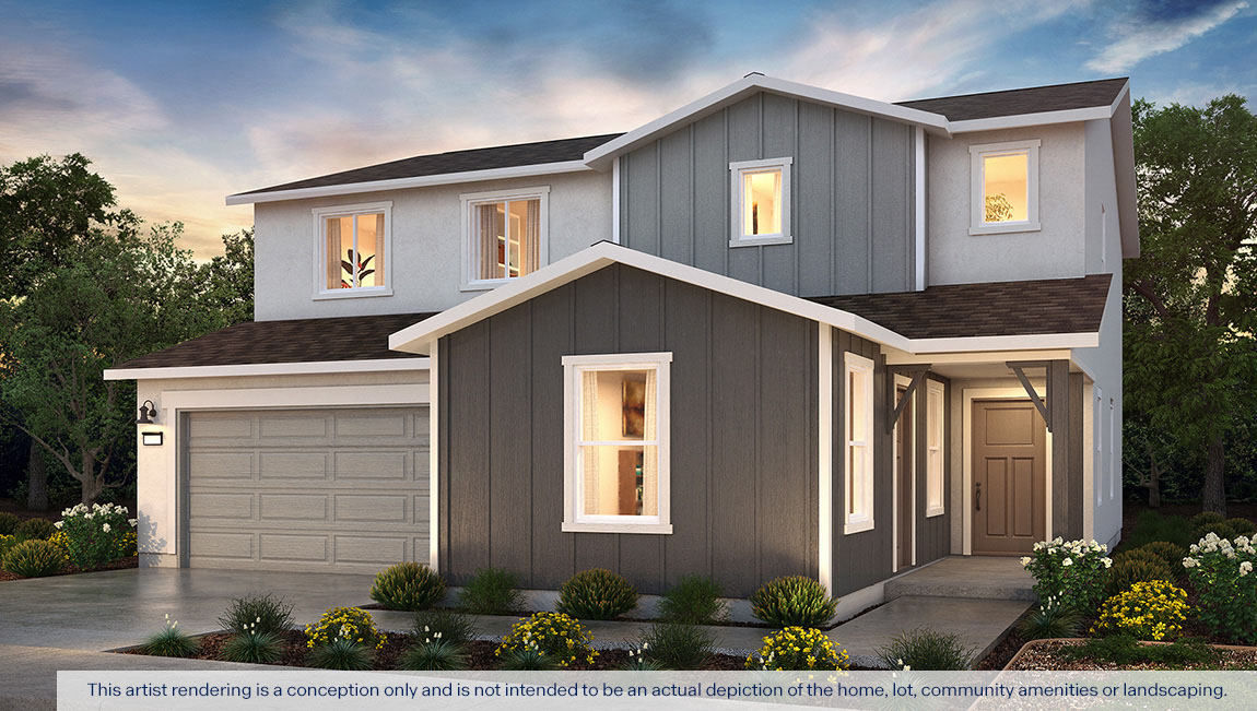 Exterior rendering of a two story Farmhouse style home.