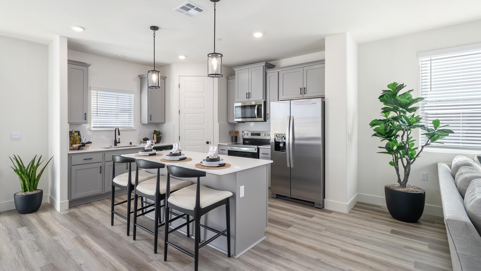 Interior photo of open concept kitchen and dining area
