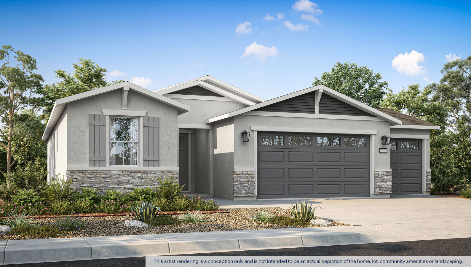Exterior rendering of a one story Craftsman style home.