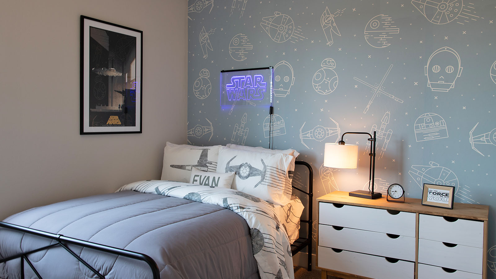 kids bedroom with blue accent wall