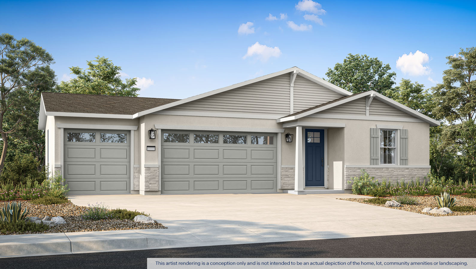 Exterior rendering of a one story Craftsman style home.