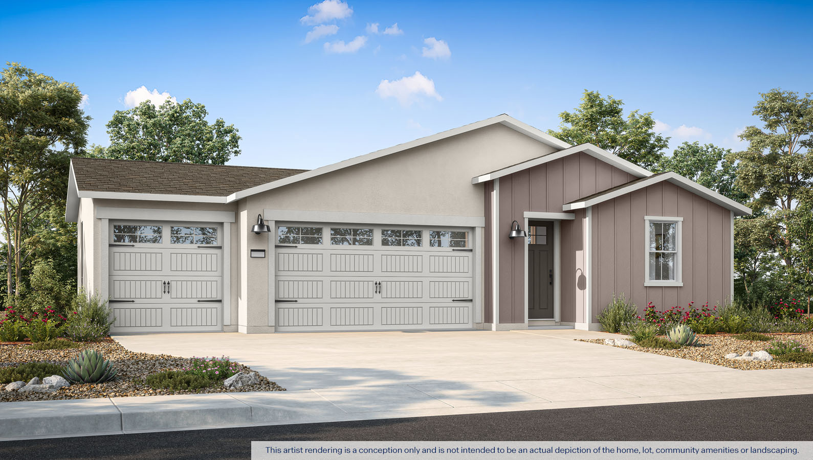 Exterior rendering of a one story Farmhouse style home.
