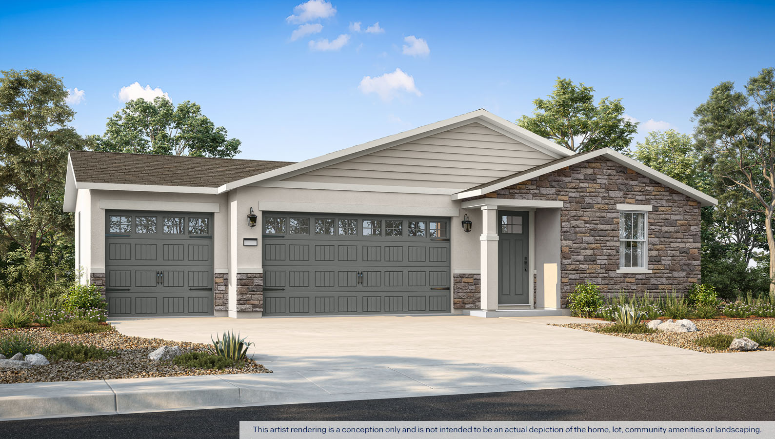 Exterior rendering of a one story Cottage style home.