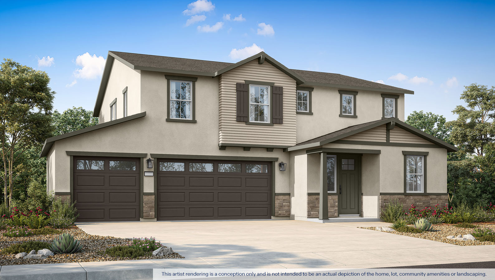 Exterior rendering of a two story Craftsman style home.