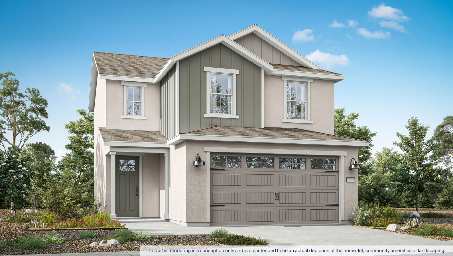 Exterior rendering of a two story Farmhouse style home.
